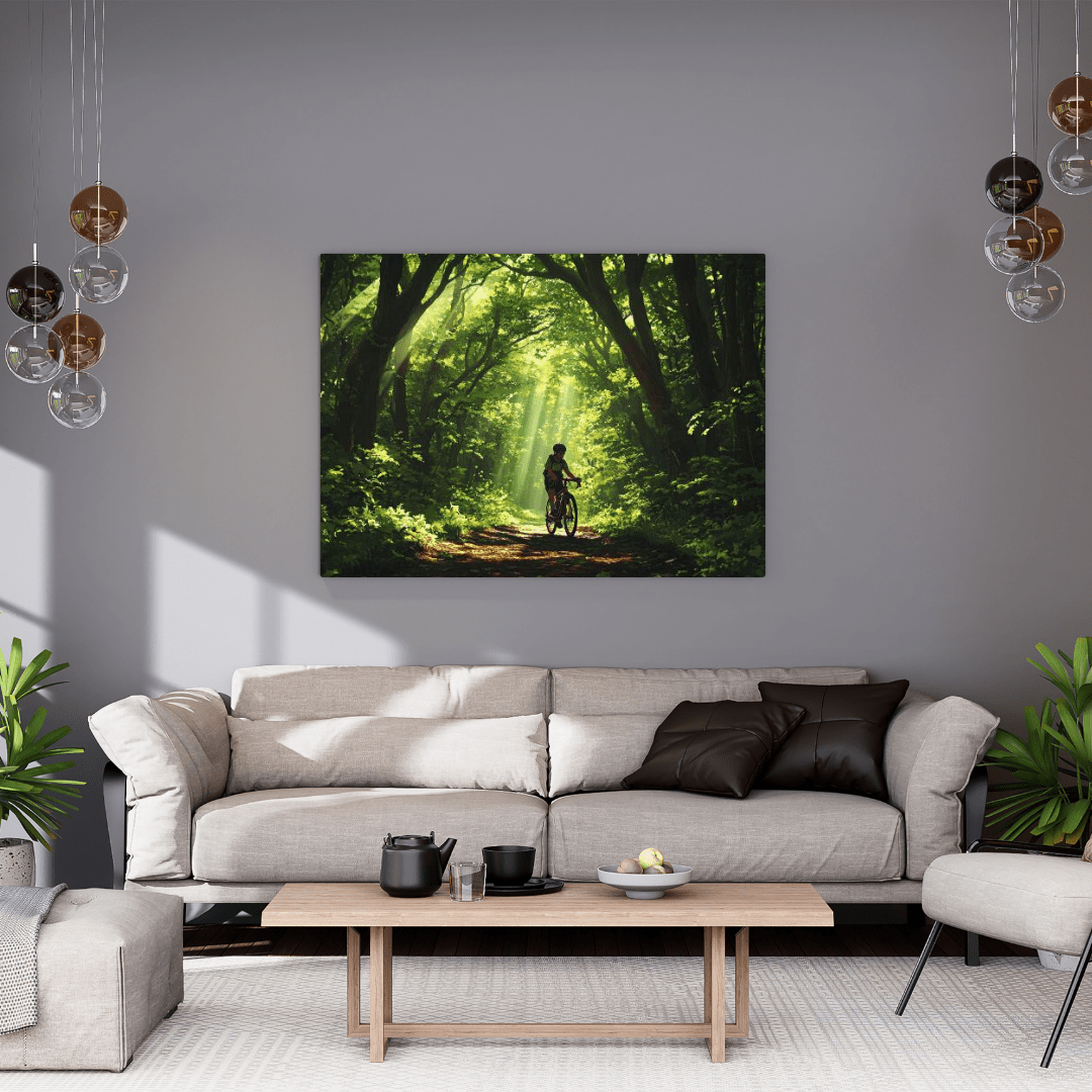 Cyclist in Serene Forest Path - Nature Wall Art - Aestheticanvas