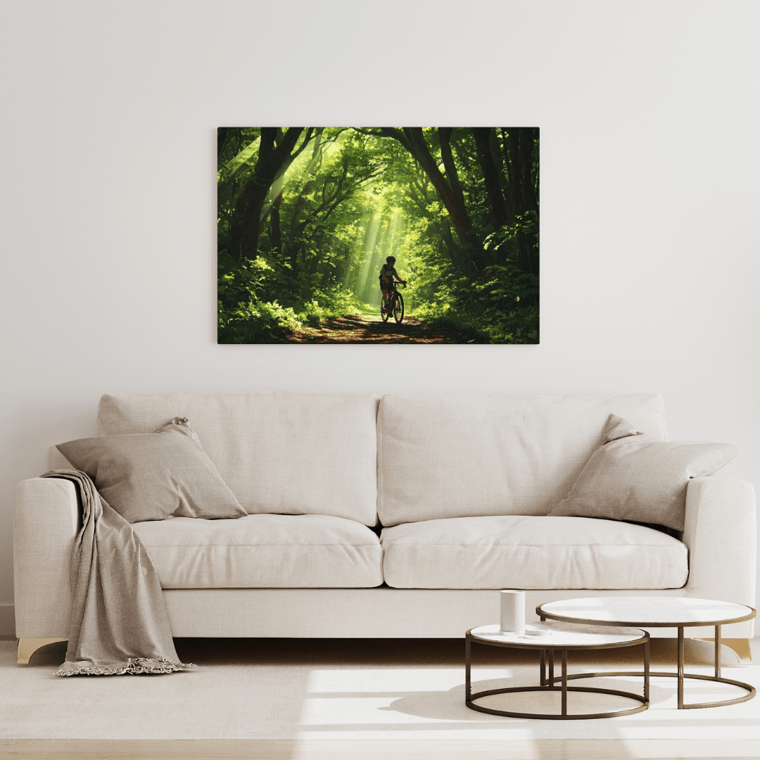 Cyclist in Serene Forest Path - Nature Wall Art - Aestheticanvas