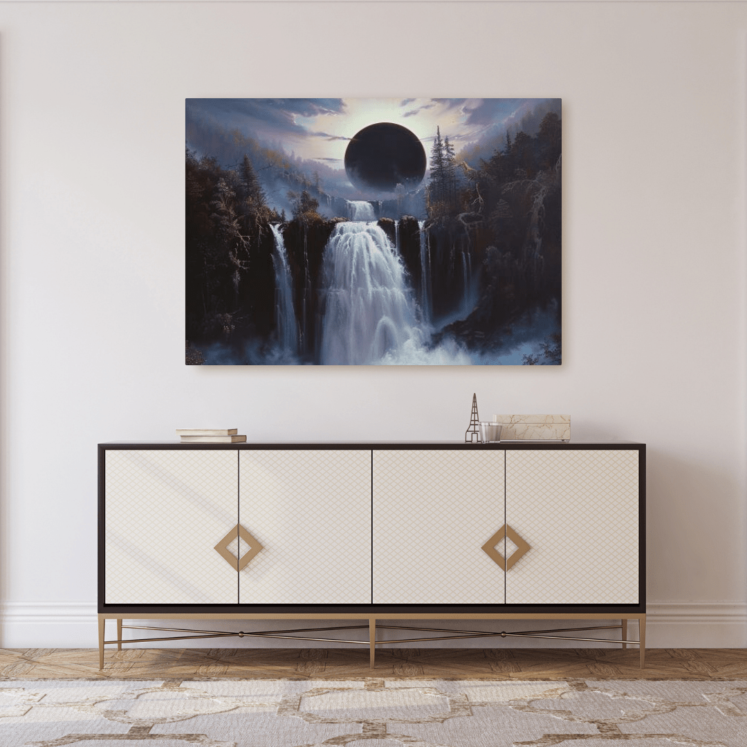 Eclipsed Forest Waterfall Landcape - Nature Wall Art - Aestheticanvas