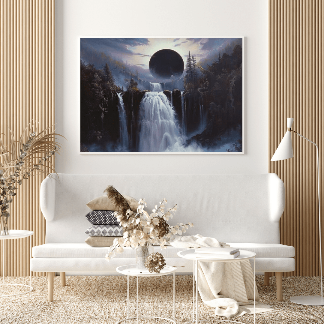 Eclipsed Forest Waterfall Landcape - Nature Wall Art - Aestheticanvas