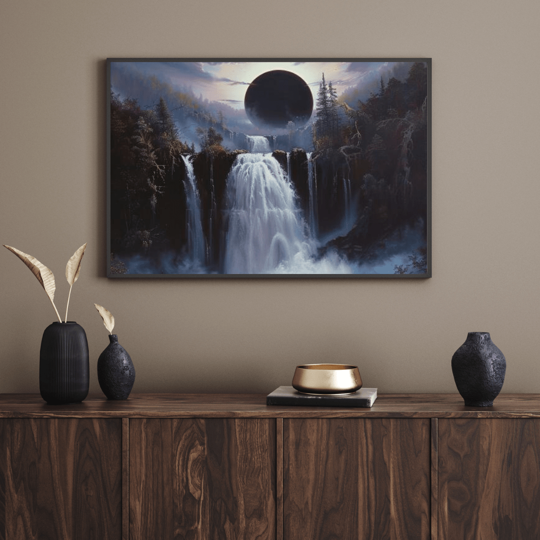 Eclipsed Forest Waterfall Landcape - Nature Wall Art - Aestheticanvas