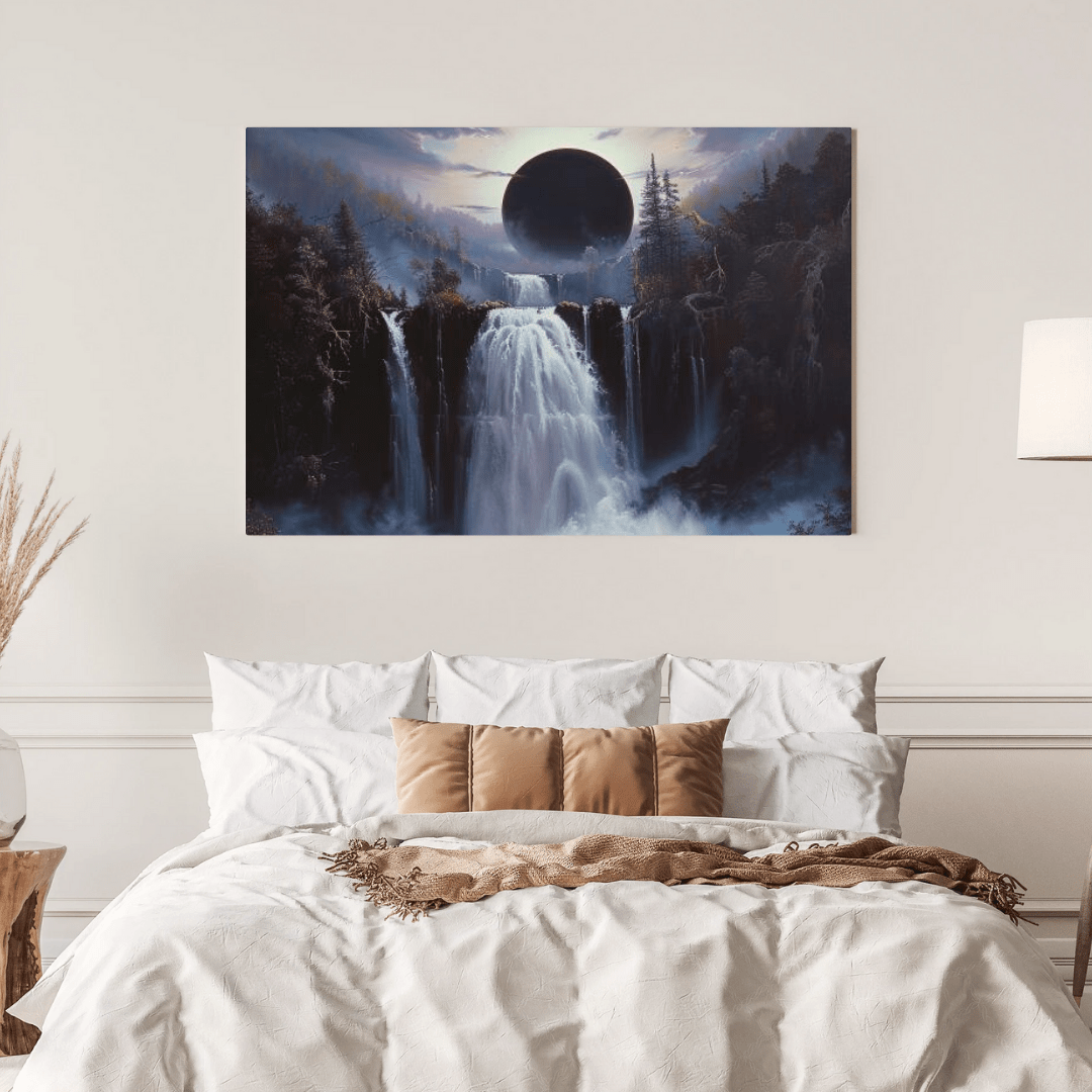 Eclipsed Forest Waterfall Landcape - Nature Wall Art - Aestheticanvas