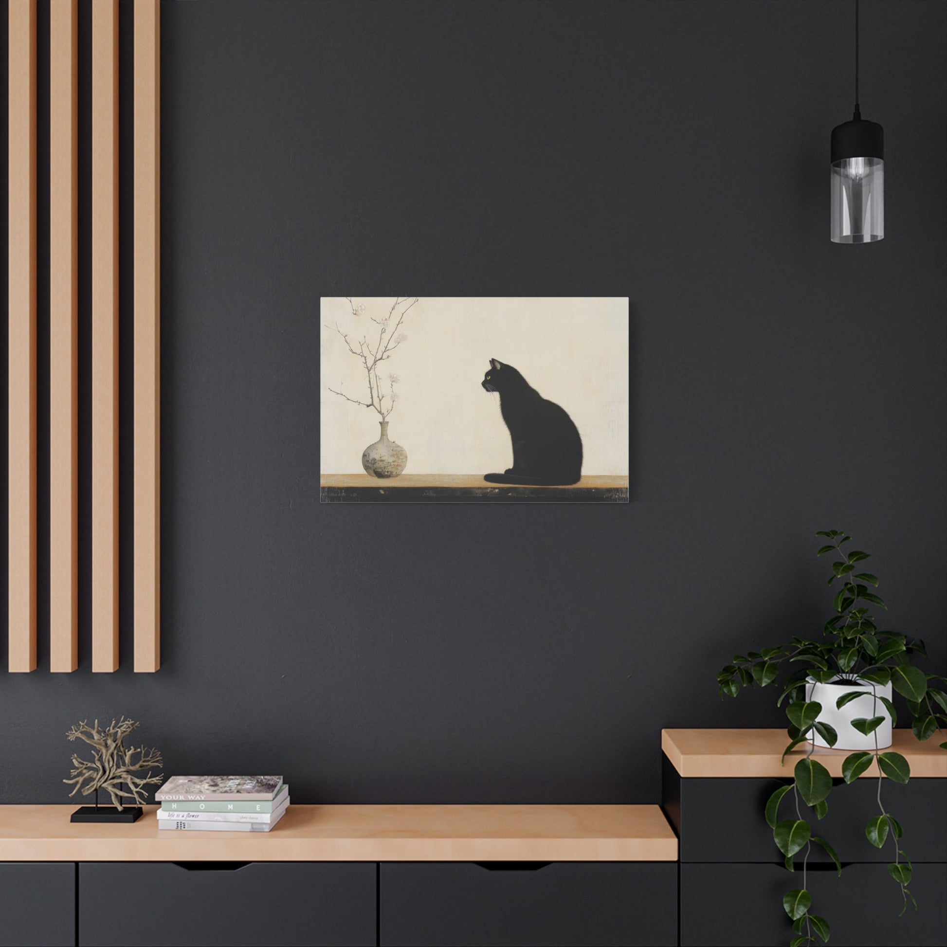 Elegant Black Cat and Blossoms - Animal Wall Art - Aestheticanvas