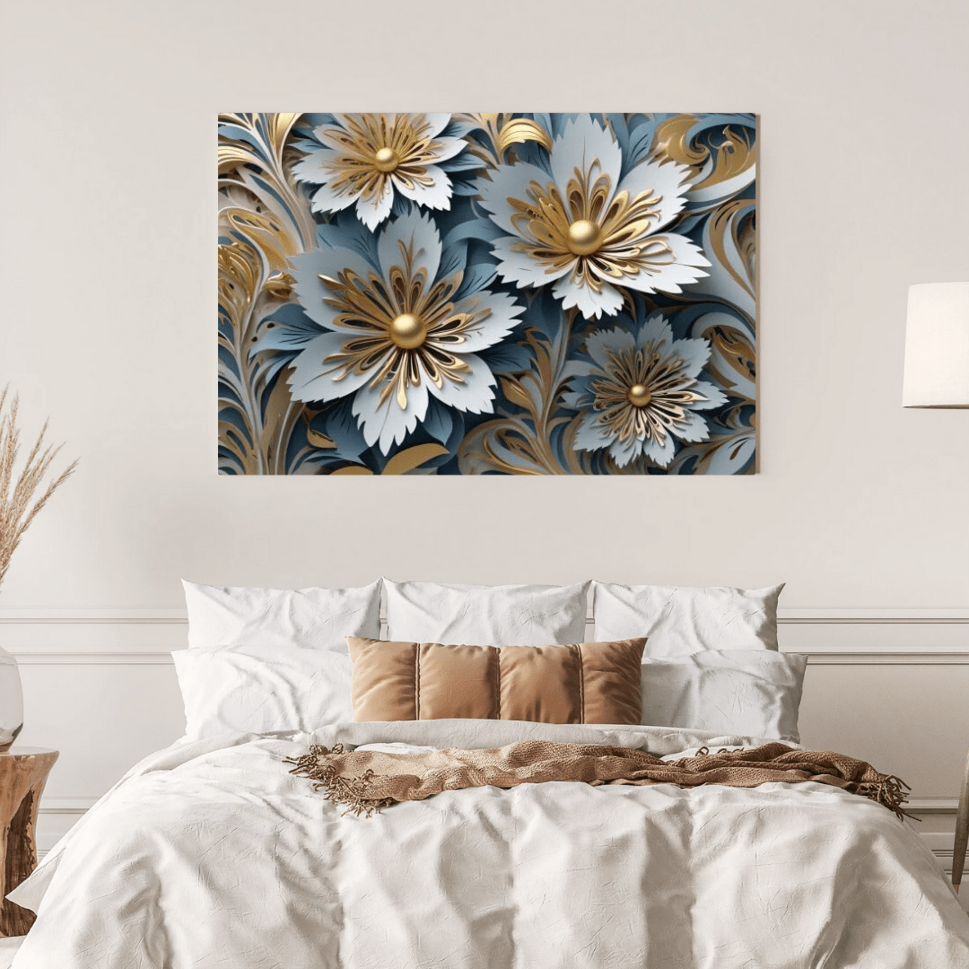 Elegant Golden Flowers - Floral Wall Art - Aestheticanvas