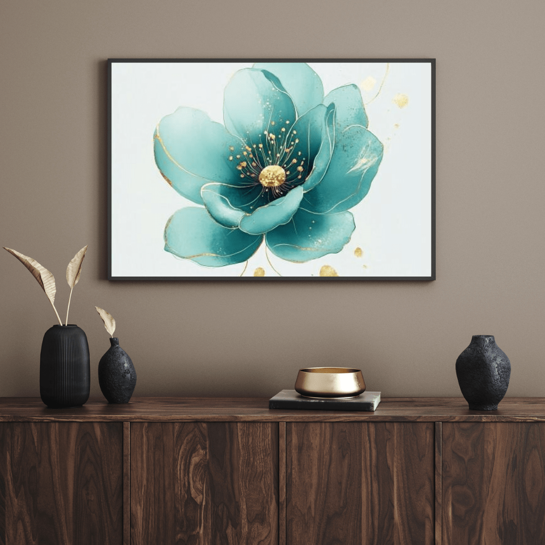 Elegant Turquoise Minimal Flower - Floral Wall Art - Aestheticanvas