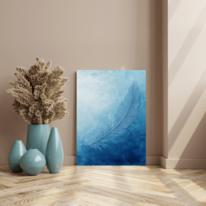 Ethereal Blue Feather Serenity - Minimal Wall Art - Aestheticanvas