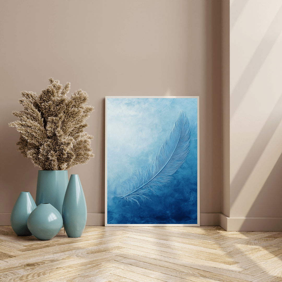 Ethereal Blue Feather Serenity - Minimal Wall Art - Aestheticanvas