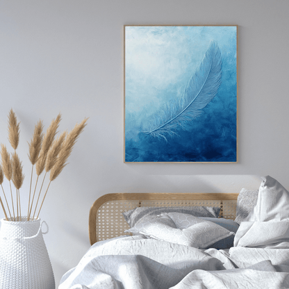 Ethereal Blue Feather Serenity - Minimal Wall Art - Aestheticanvas