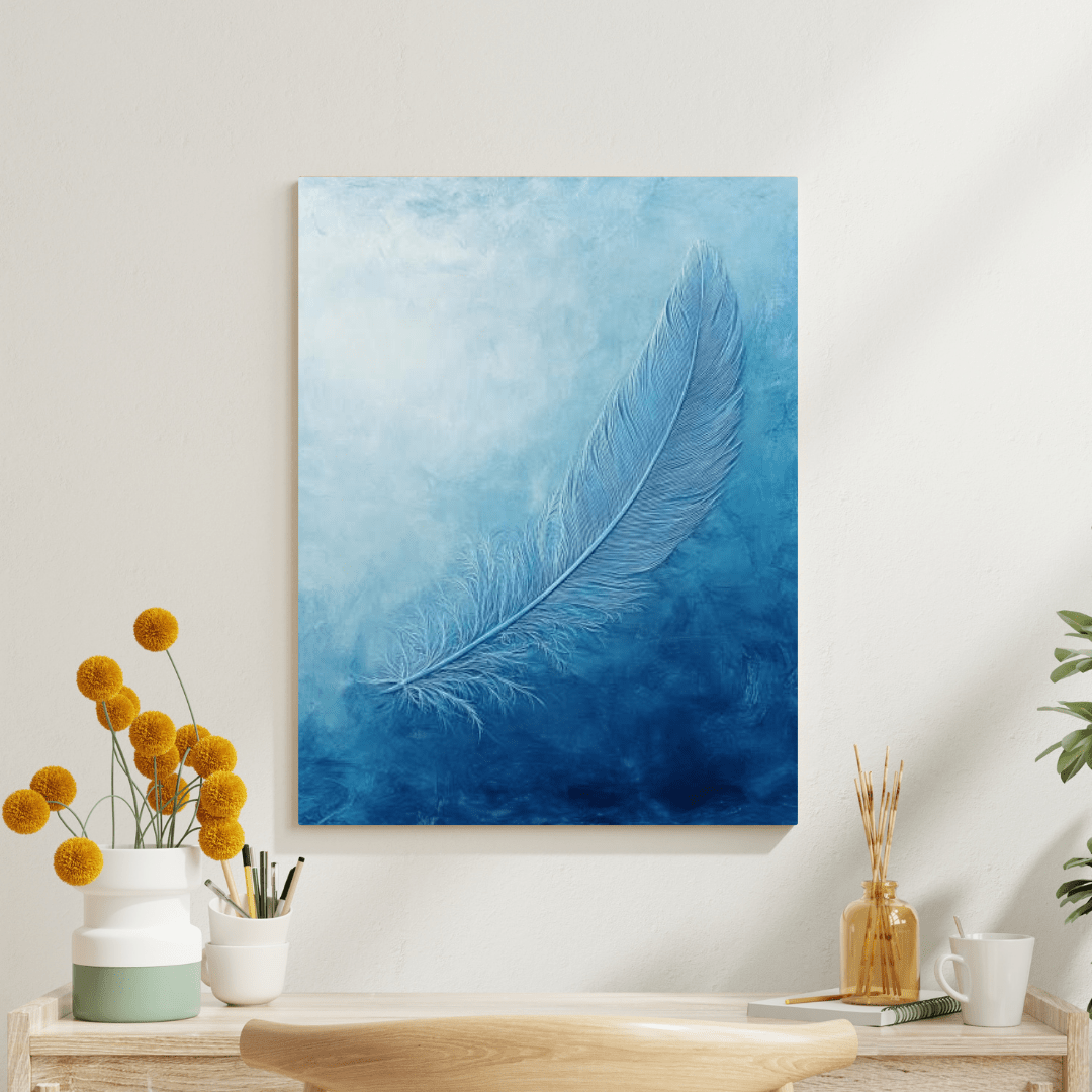 Ethereal Blue Feather Serenity - Minimal Wall Art - Aestheticanvas