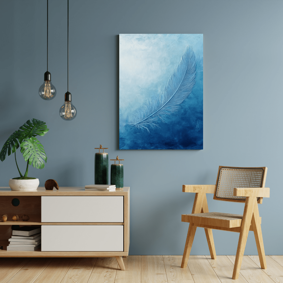 Ethereal Blue Feather Serenity - Minimal Wall Art - Aestheticanvas