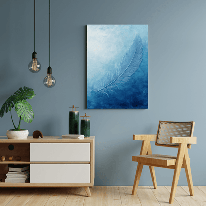 Ethereal Blue Feather Serenity - Minimal Wall Art - Aestheticanvas