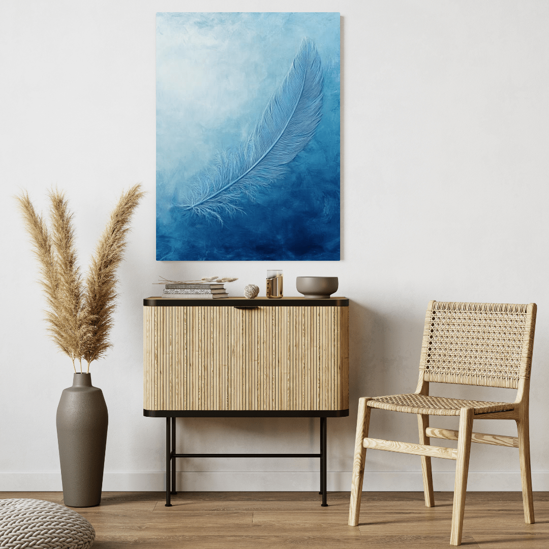 Ethereal Blue Feather Serenity - Minimal Wall Art - Aestheticanvas