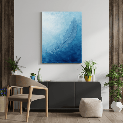 Ethereal Blue Feather Serenity - Minimal Wall Art - Aestheticanvas