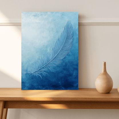 Ethereal Blue Feather Serenity - Minimal Wall Art - Aestheticanvas