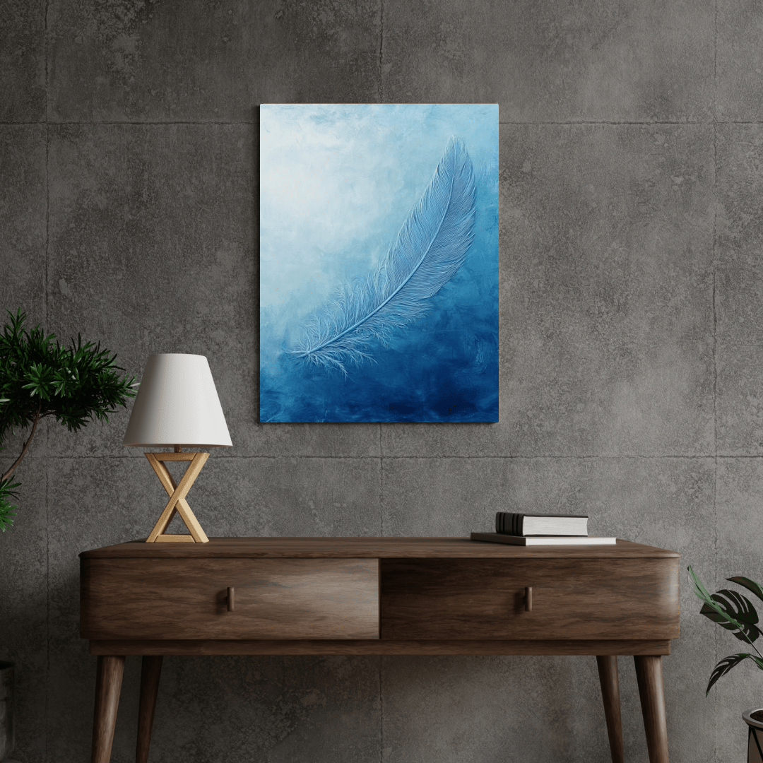 Ethereal Blue Feather Serenity - Minimal Wall Art - Aestheticanvas