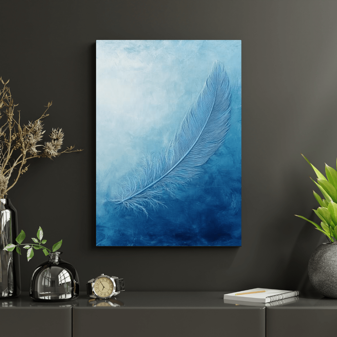 Ethereal Blue Feather Serenity - Minimal Wall Art - Aestheticanvas