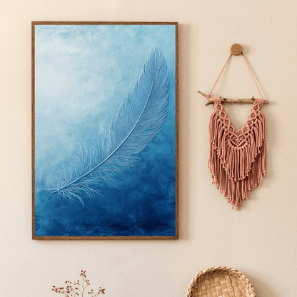 Ethereal Blue Feather Serenity - Minimal Wall Art - Aestheticanvas