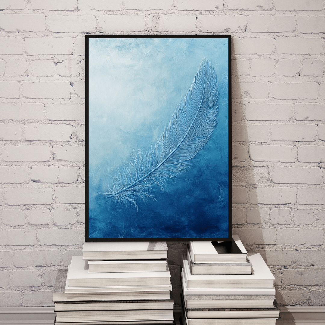 Ethereal Blue Feather Serenity - Minimal Wall Art - Aestheticanvas