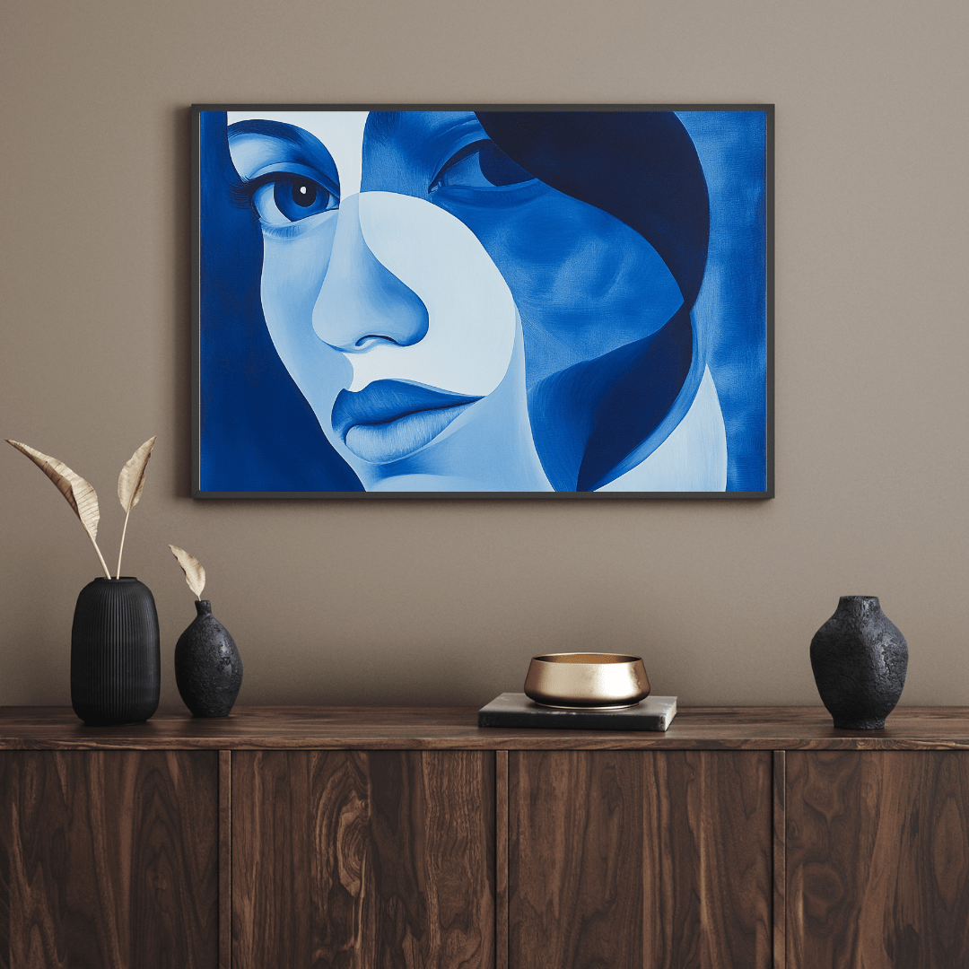 Feminine Blue Visage - Abstract Wall Art - Aestheticanvas