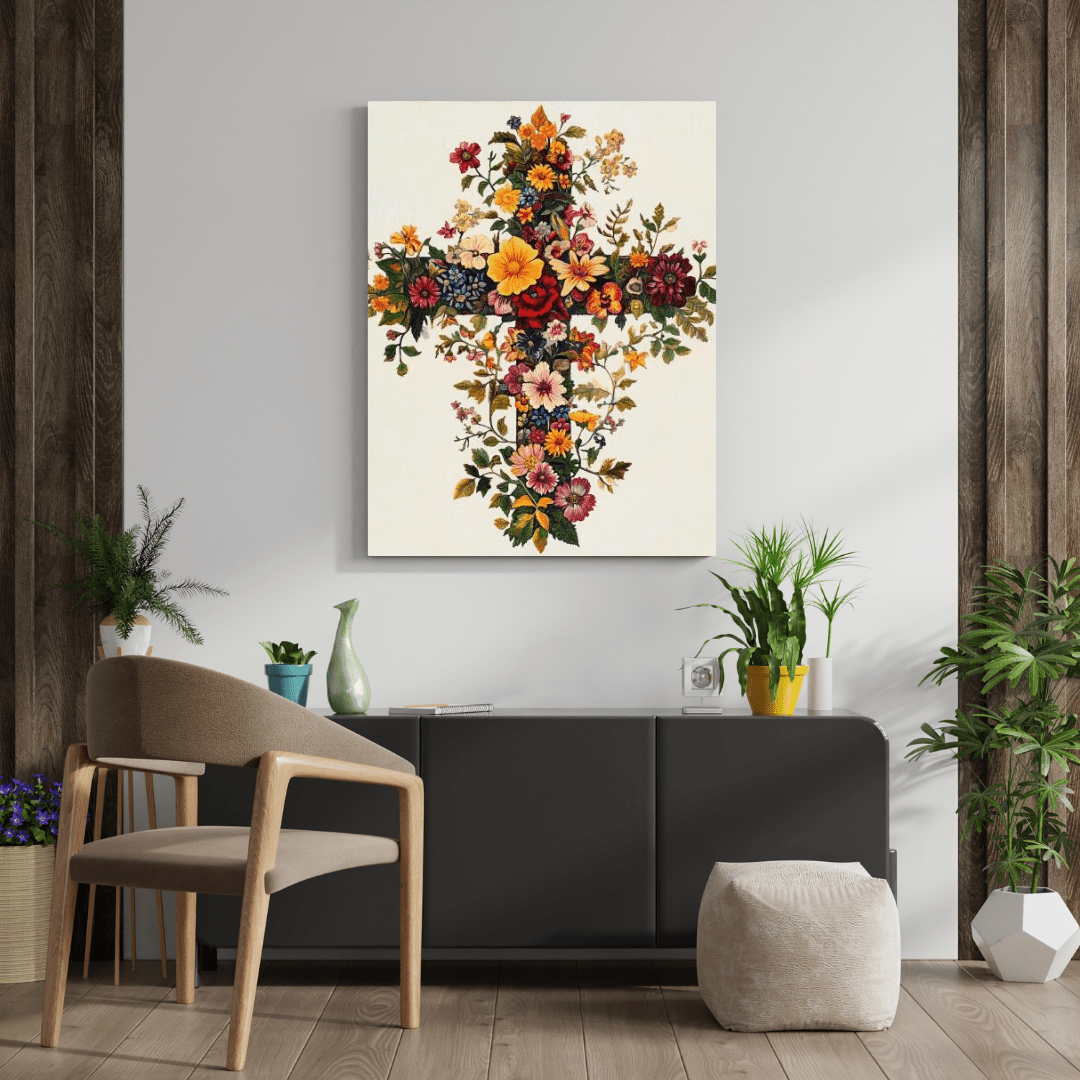 Floral Cross of Faith - Christian Wall Art - Aestheticanvas