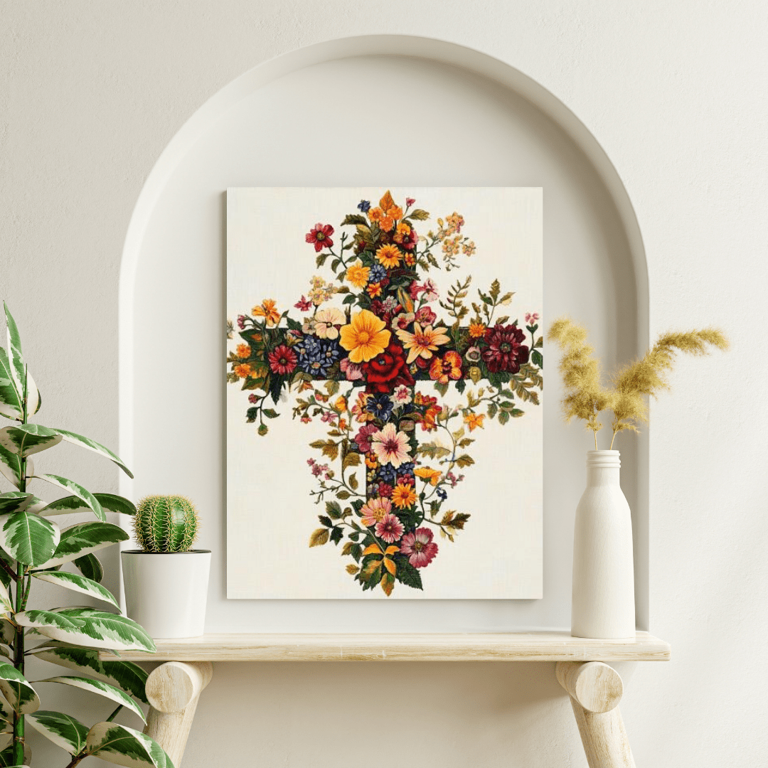 Floral Cross of Faith - Christian Wall Art - Aestheticanvas