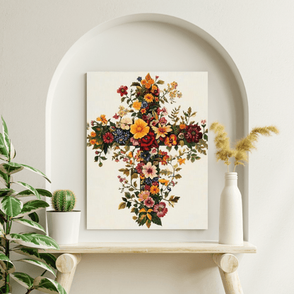 Floral Cross of Faith - Christian Wall Art - Aestheticanvas