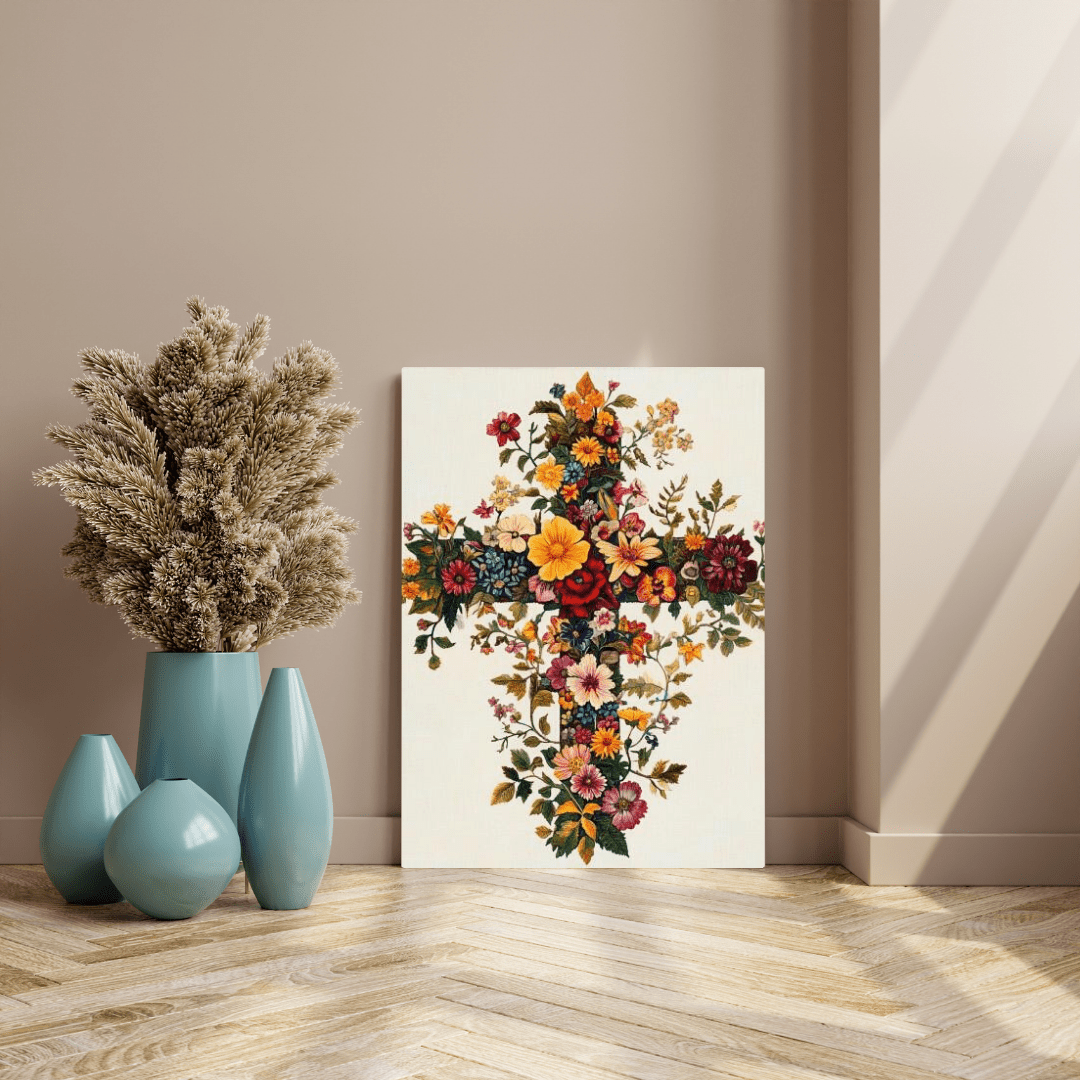 Floral Cross of Faith - Christian Wall Art - Aestheticanvas