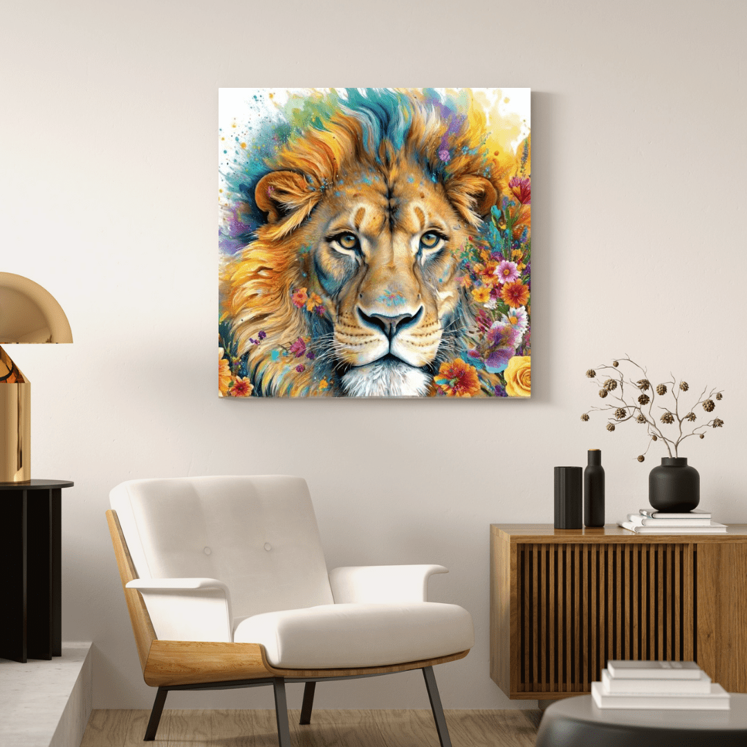 Floral Lion Painting - Animal Wall Art - Aestheticanvas