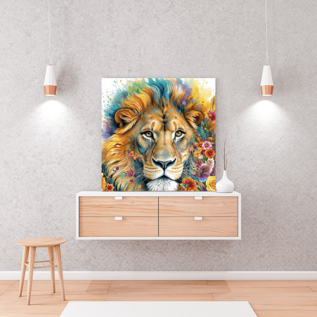 Floral Lion Painting - Animal Wall Art - Aestheticanvas