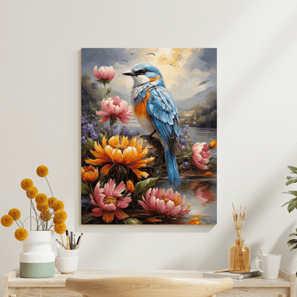 Flowers & Blue Bird Painting - Wall Art - Aestheticanvas