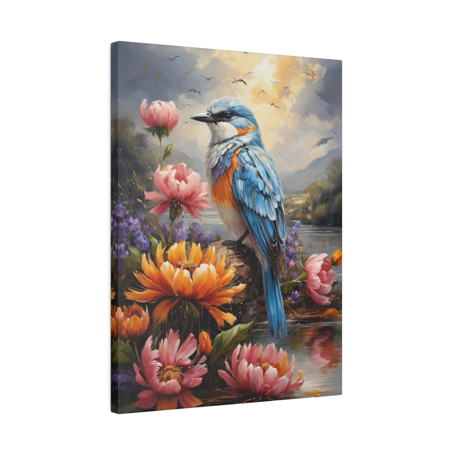 Flowers & Blue Bird Painting - Wall Art - Aestheticanvas