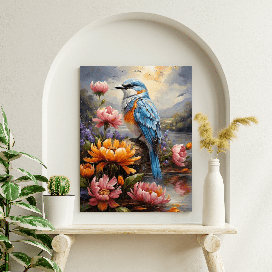 Flowers & Blue Bird Painting - Wall Art - Aestheticanvas