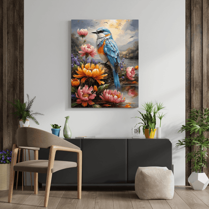 Flowers & Blue Bird Painting - Wall Art - Aestheticanvas