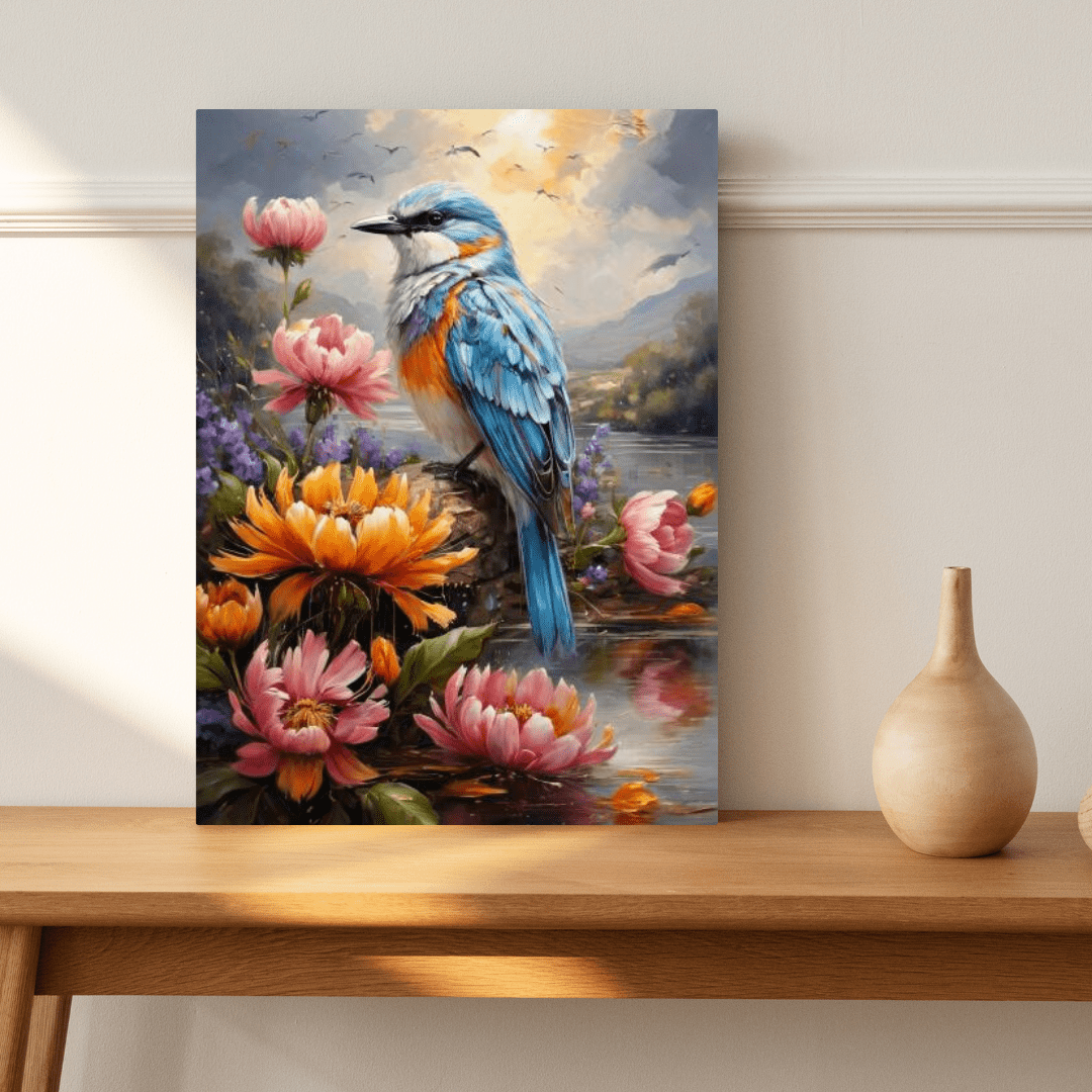 Flowers & Blue Bird Painting - Wall Art - Aestheticanvas