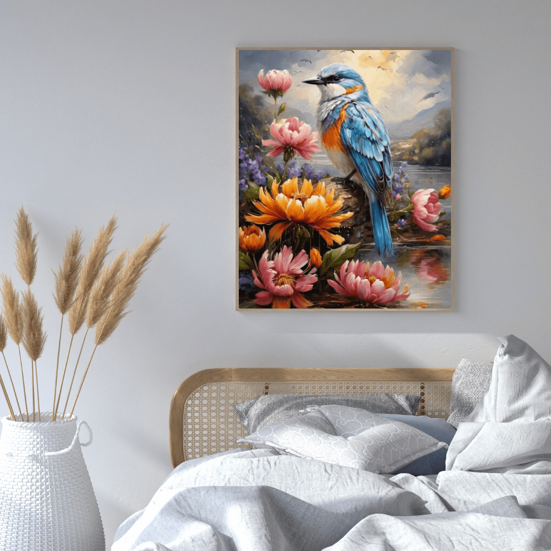 Flowers & Blue Bird Painting - Wall Art - Aestheticanvas