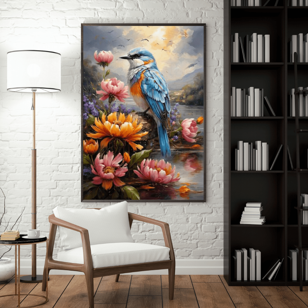 Flowers & Blue Bird Painting - Wall Art - Aestheticanvas