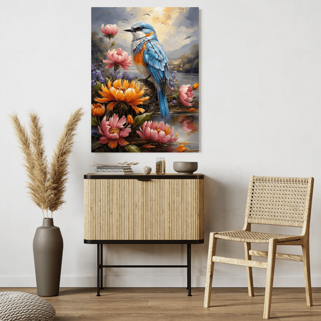 Flowers & Blue Bird Painting - Wall Art - Aestheticanvas