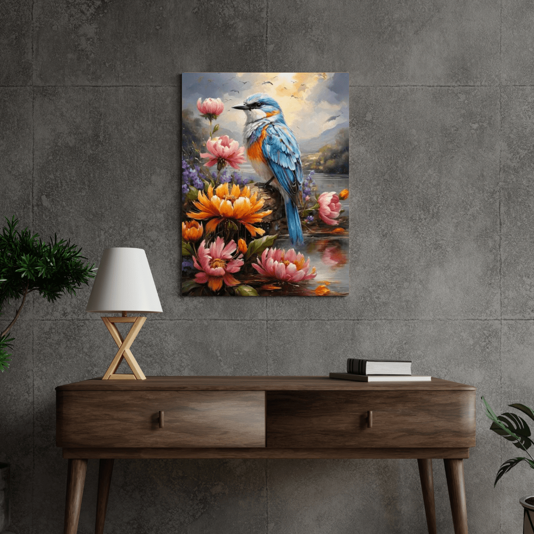 Flowers & Blue Bird Painting - Wall Art - Aestheticanvas