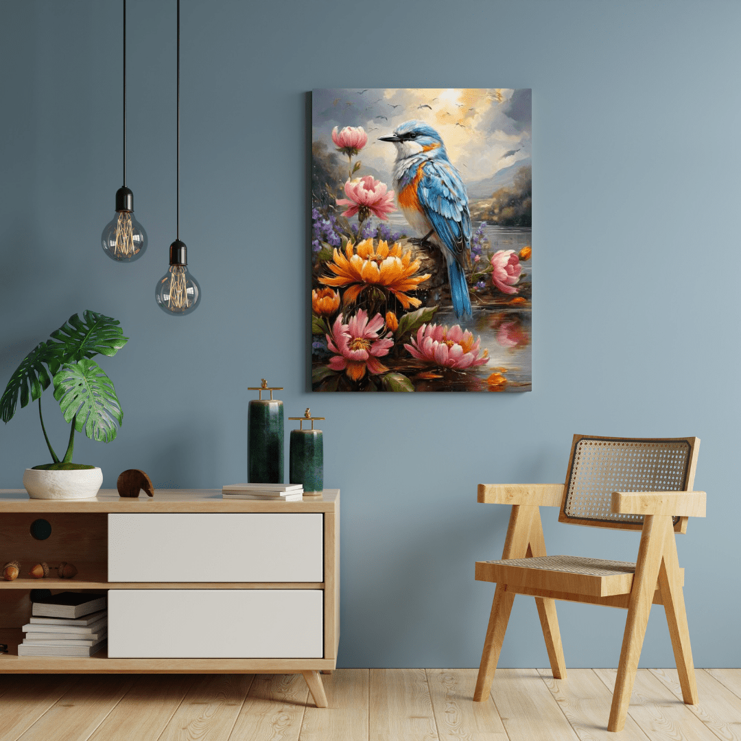 Flowers & Blue Bird Painting - Wall Art - Aestheticanvas