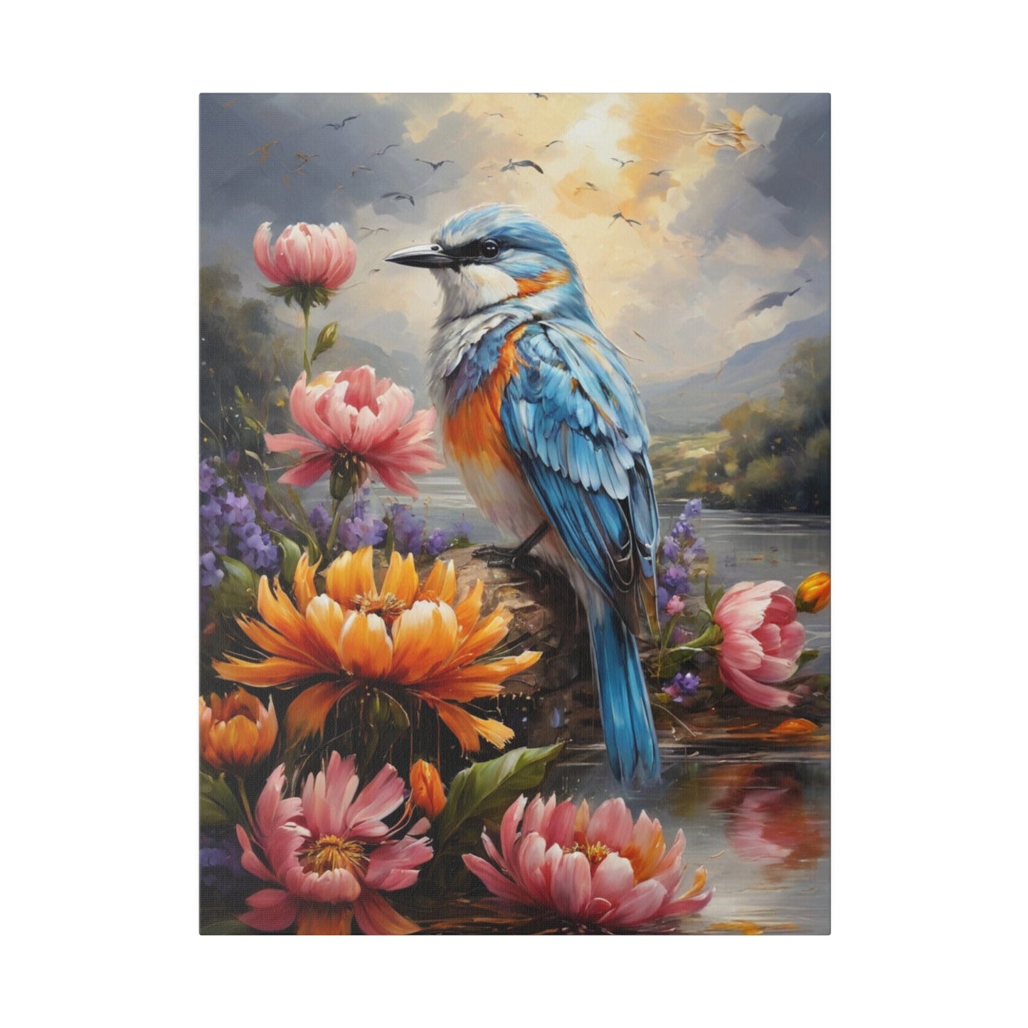 Flowers & Blue Bird Painting - Wall Art - Aestheticanvas