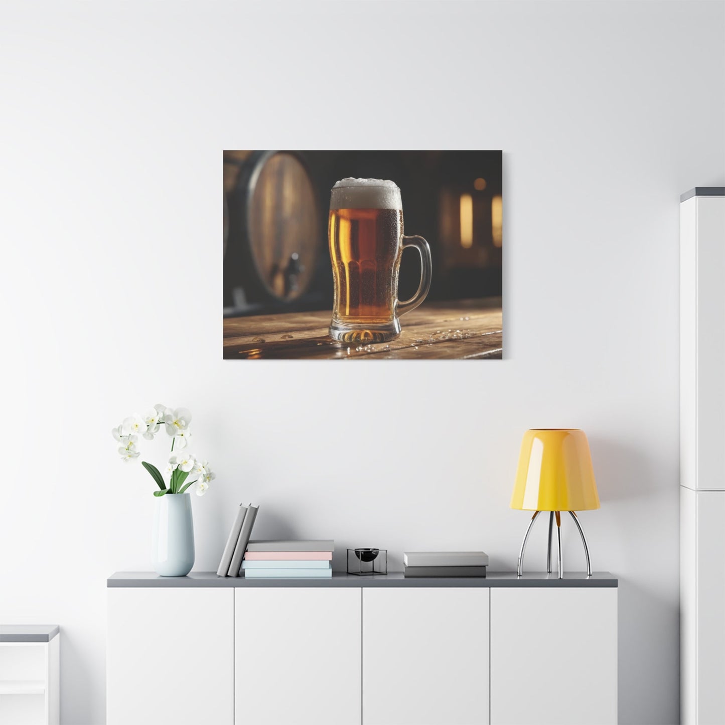 Frothy Amber Brew in Rustic Bar - Beer Wall Art - Aestheticanvas