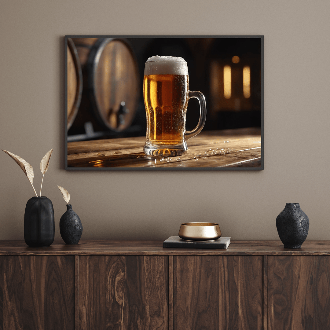 Frothy Amber Brew in Rustic Bar - Beer Wall Art - Aestheticanvas