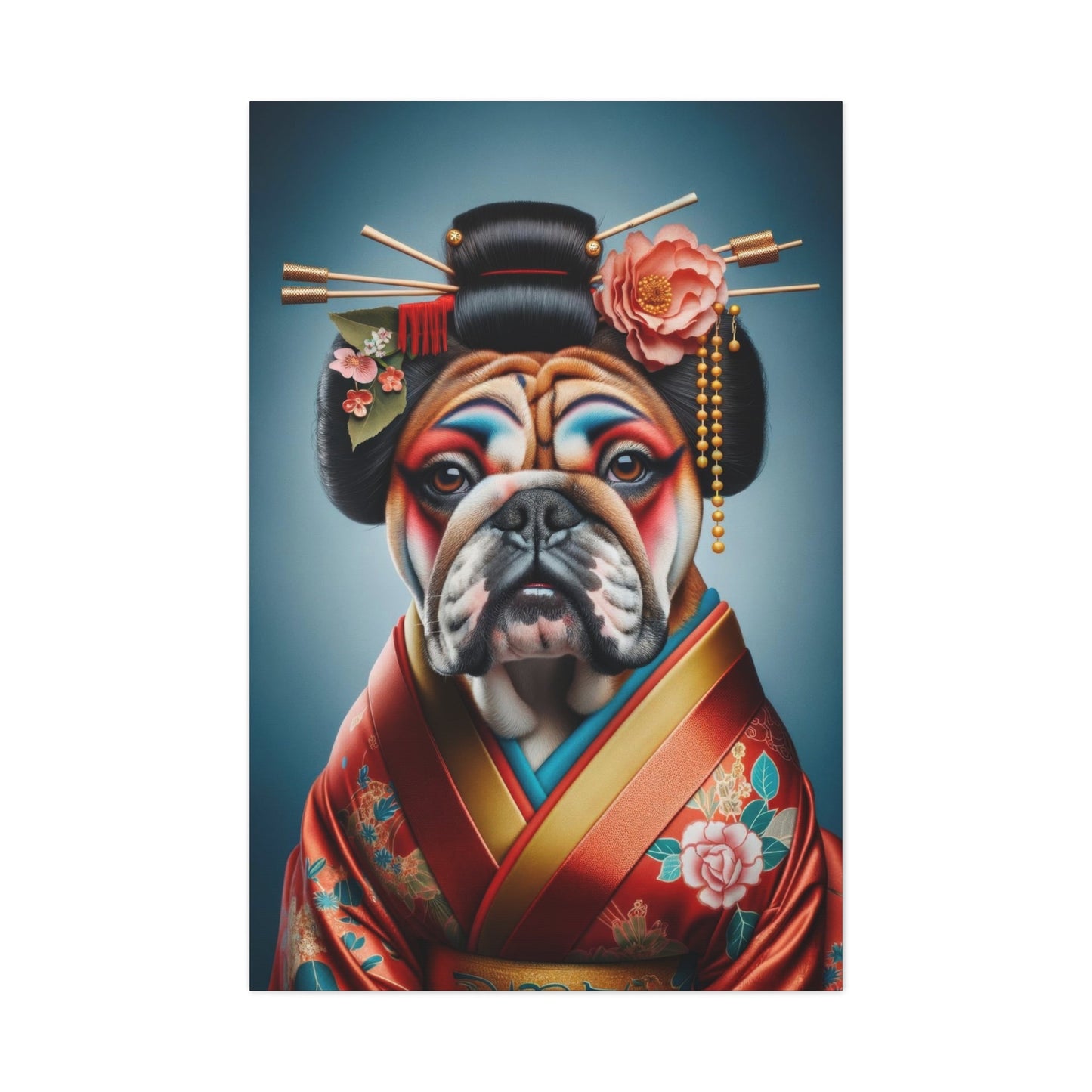 Geisha Bulldog in Red Kimono - Animal Wall Art - Aestheticanvas