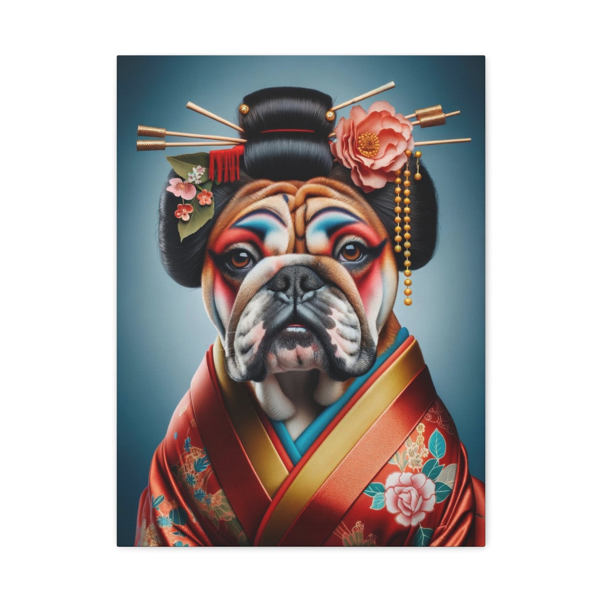 Geisha Bulldog in Red Kimono - Animal Wall Art - Aestheticanvas