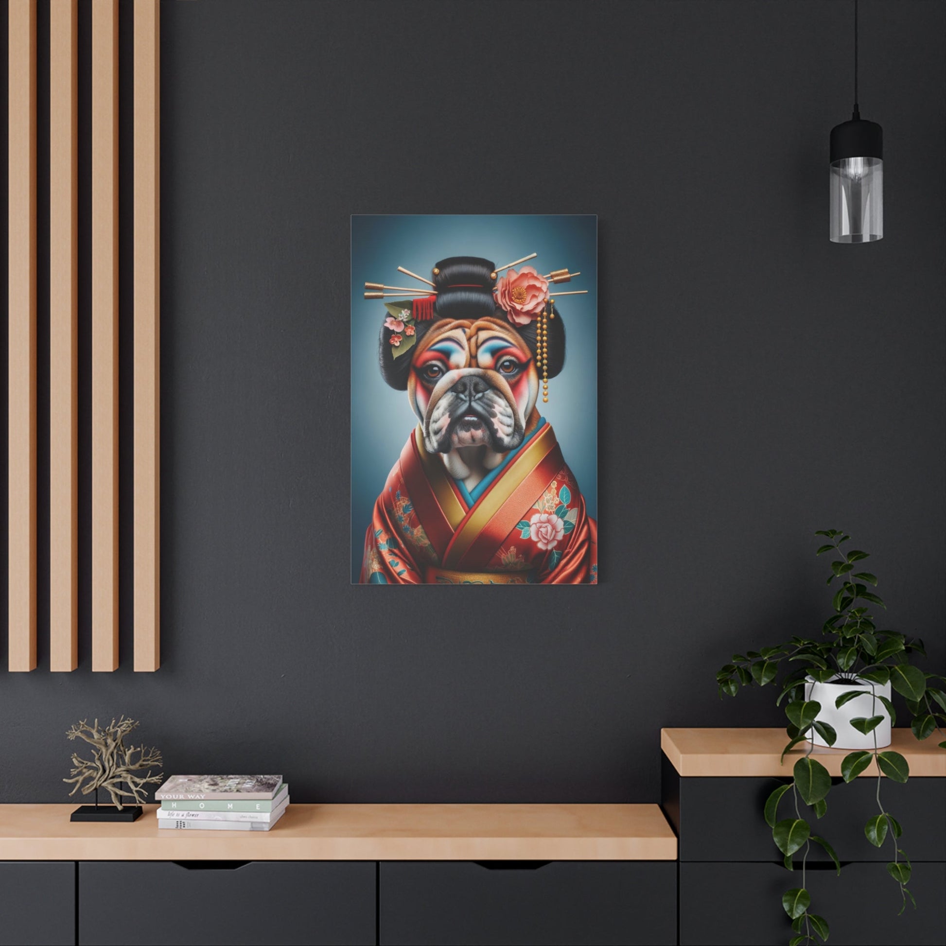 Geisha Bulldog in Red Kimono - Animal Wall Art - Aestheticanvas