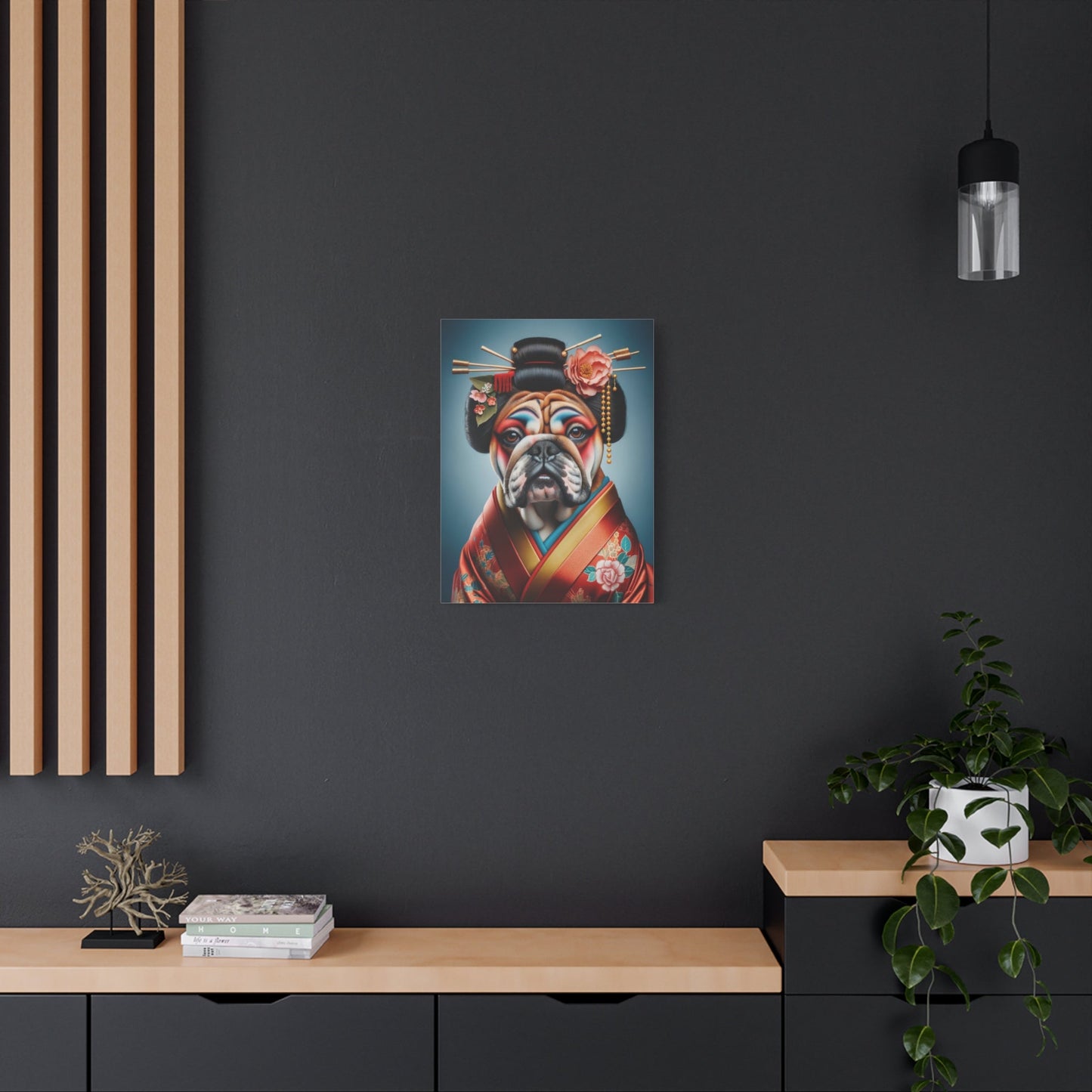 Geisha Bulldog in Red Kimono - Animal Wall Art - Aestheticanvas