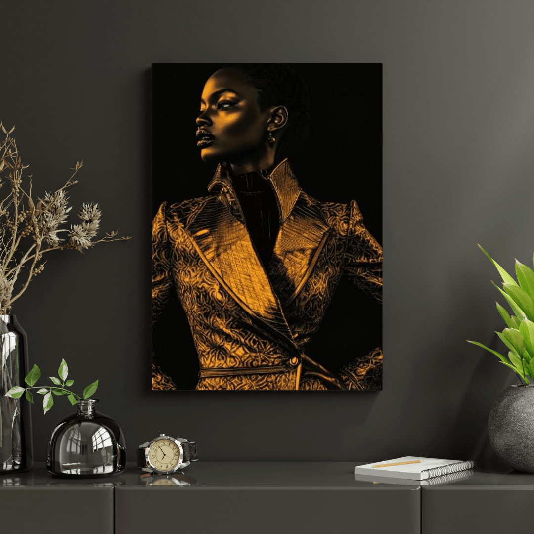 Golden Elegance: Striking Pose - Portrait Wall Art - Aestheticanvas