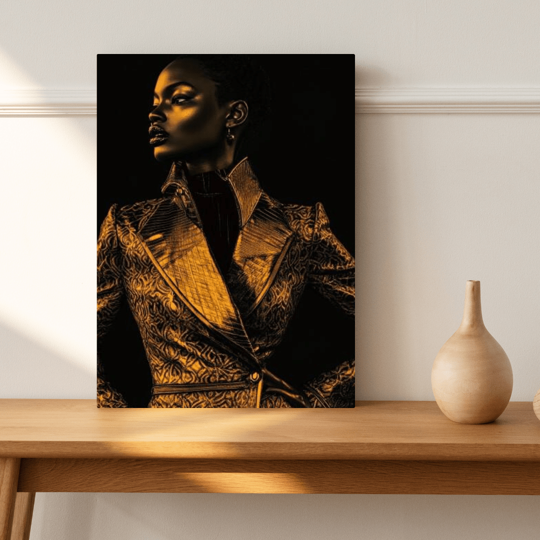 Golden Elegance: Striking Pose - Portrait Wall Art - Aestheticanvas