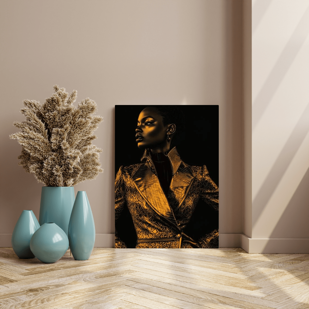 Golden Elegance: Striking Pose - Portrait Wall Art - Aestheticanvas