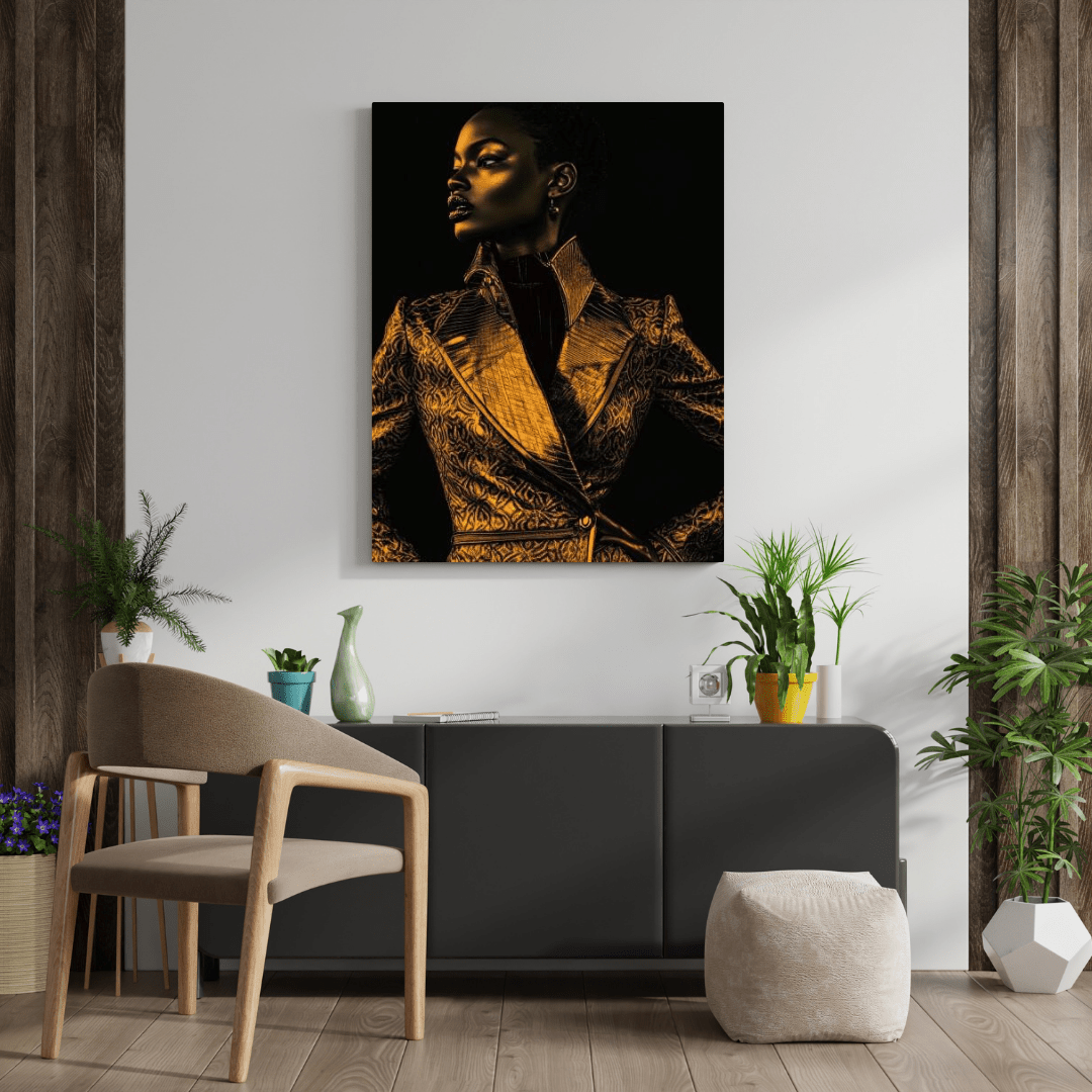 Golden Elegance: Striking Pose - Portrait Wall Art - Aestheticanvas